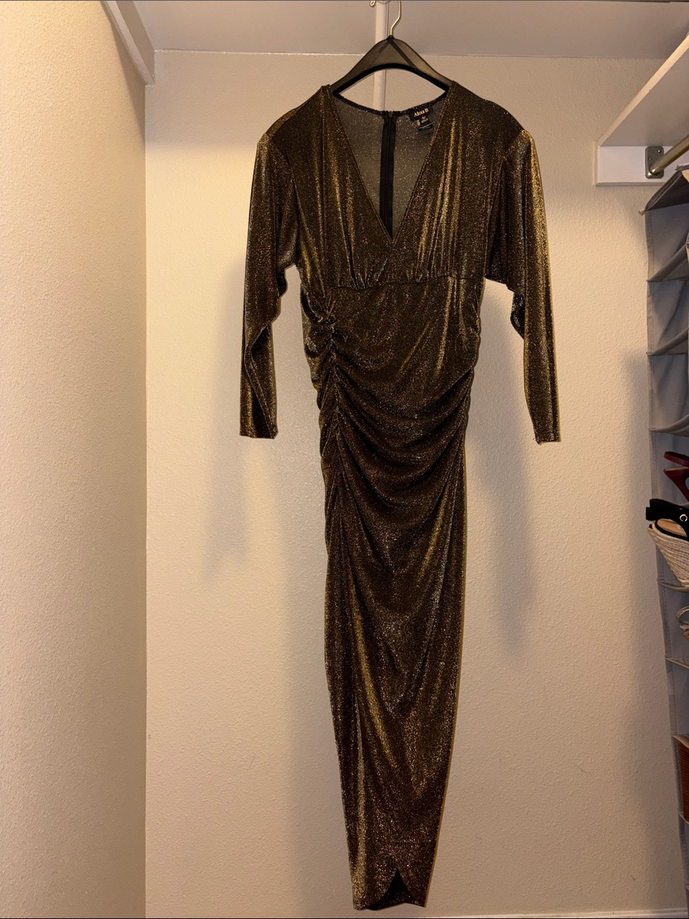 Alexa B Gold Metallic Ruched Midi Dress Size 12 Long Sleeve Holiday Party